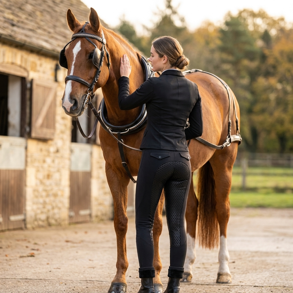 Winter thermal riding tights worn by rider at stable