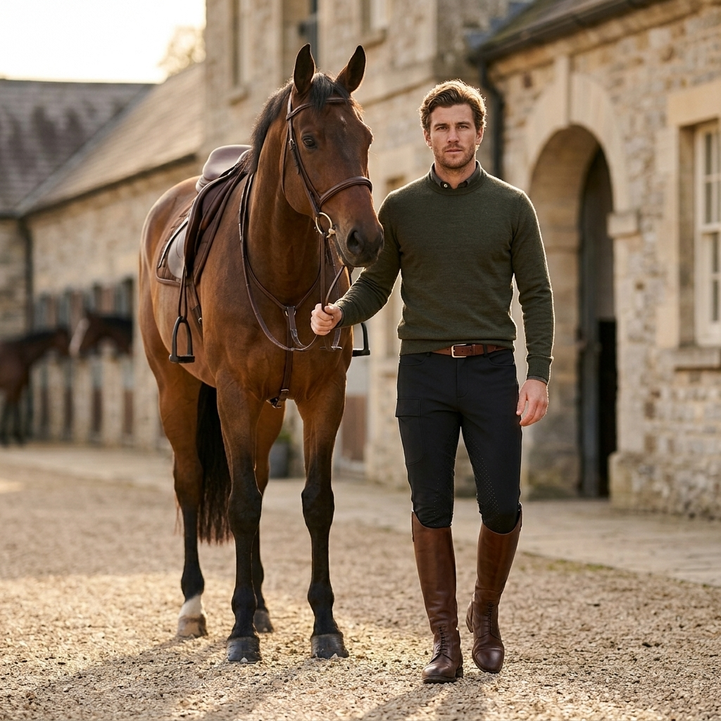 Men's riding breeches worn by rider at stable yard