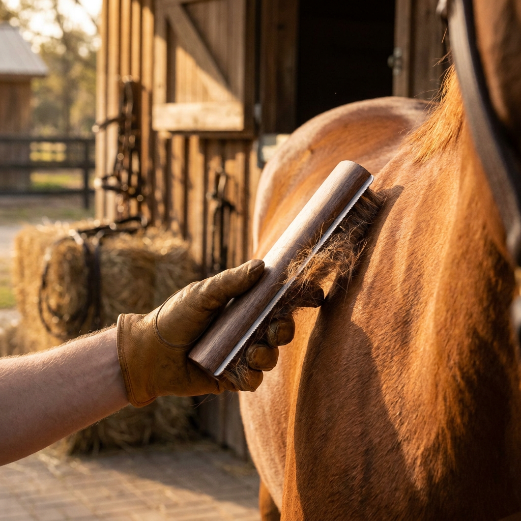 Horse shedding brush in use grooming a horse