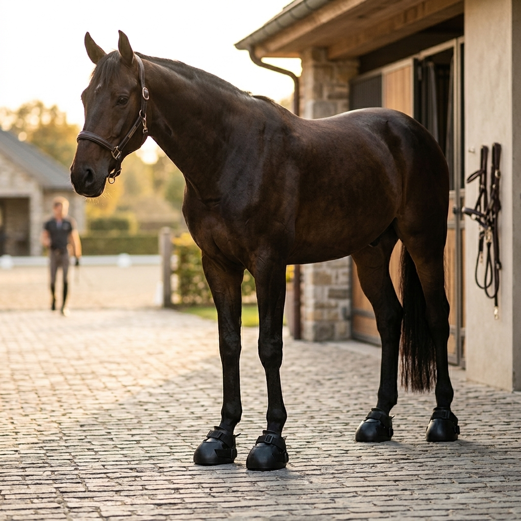 Horse wearing hoof boots in the stable yard
