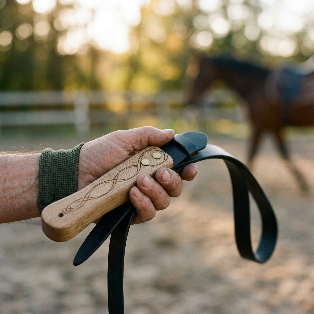 Hand gripping a horse lunge whip handle close-up