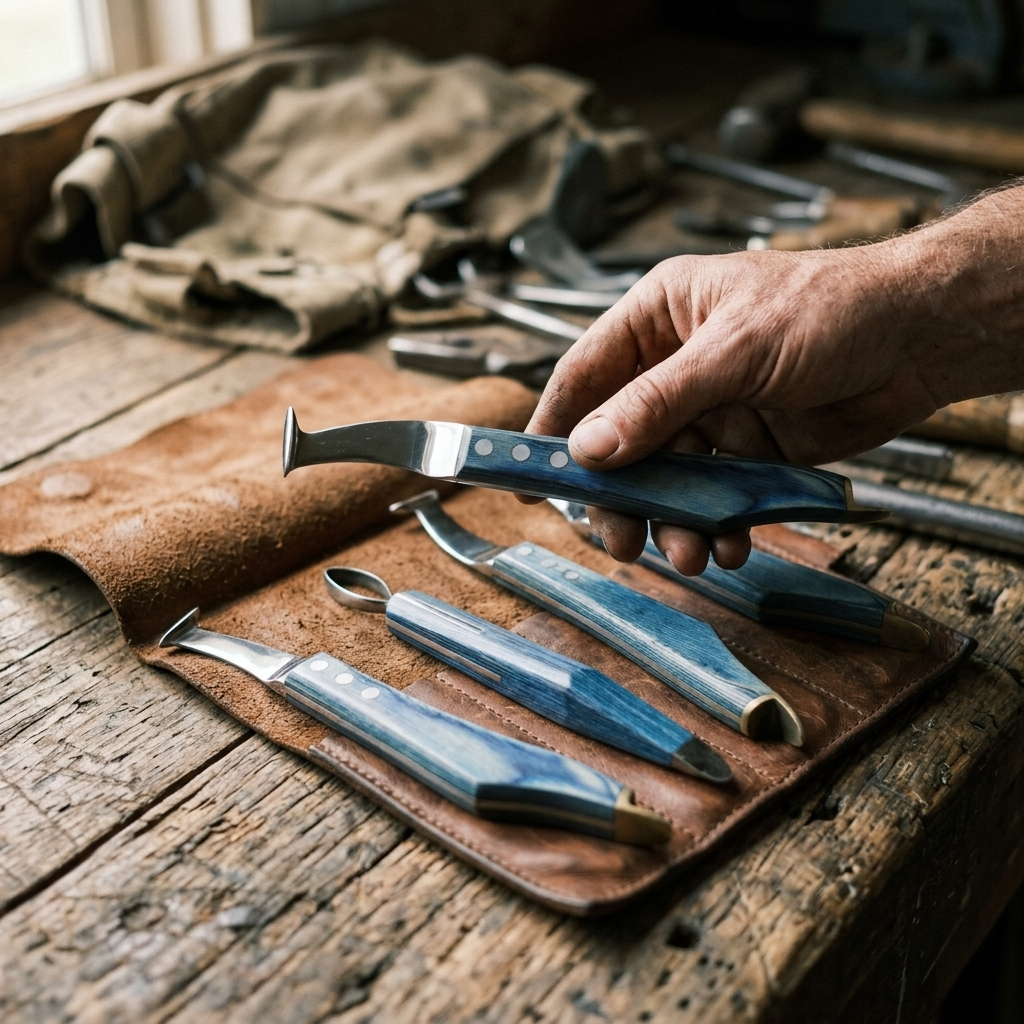 Farrier hoof knife set on a leather tool roll close-up