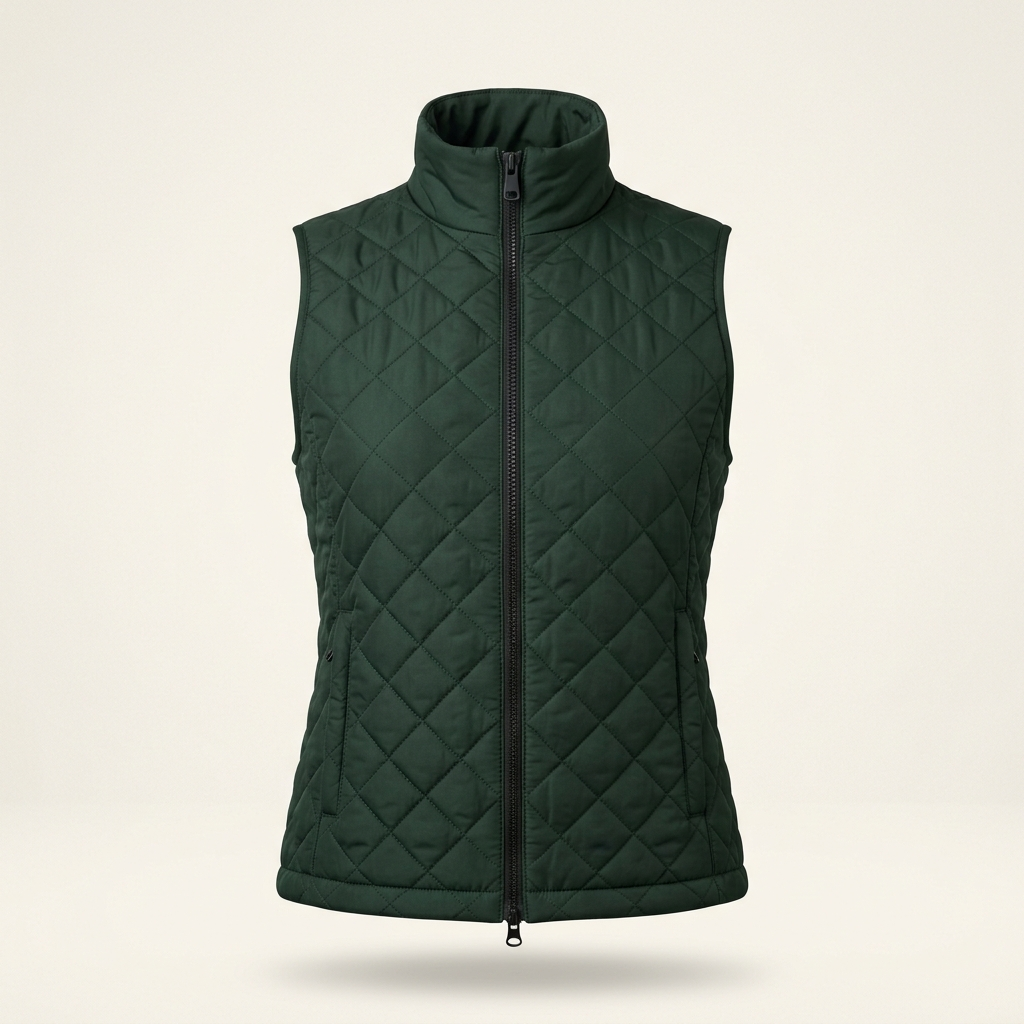 Forest green quilted equestrian gilet with high collar