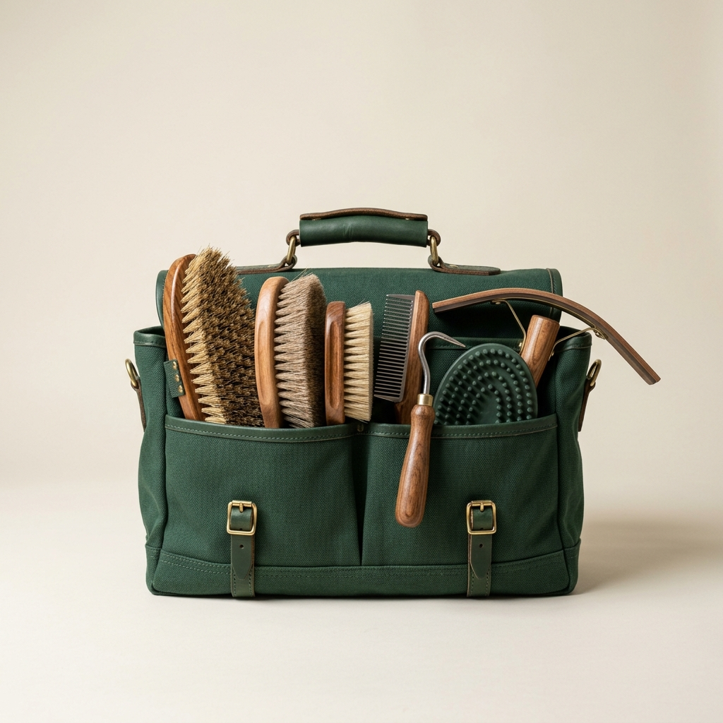 Seven piece horse grooming kit in forest green canvas bag