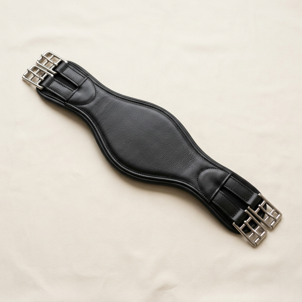 Black anatomic horse girth with roller buckles