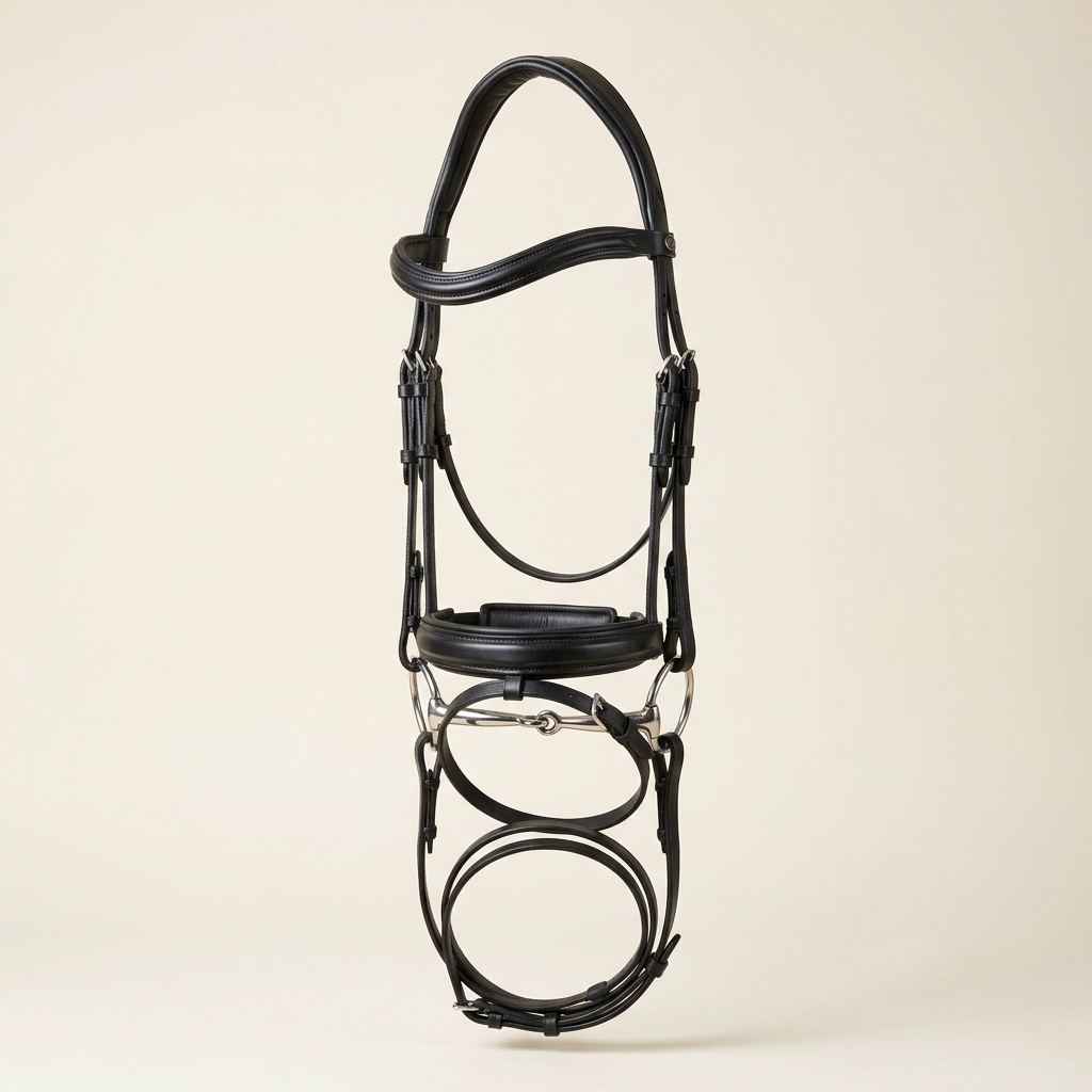 Classic black leather snaffle bridle with padded headpiece and reins
