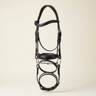 Classic black leather snaffle bridle with padded headpiece and reins