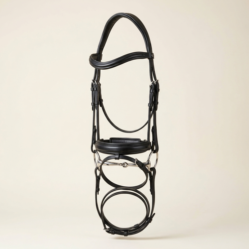 Classic black leather snaffle bridle with padded headpiece and reins