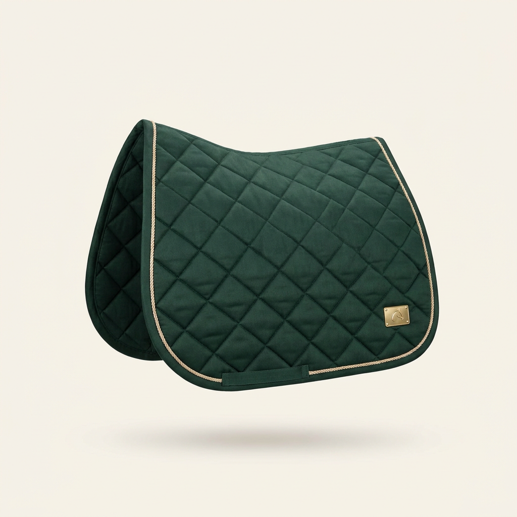 Forest green quilted dressage saddle pad with champagne piping