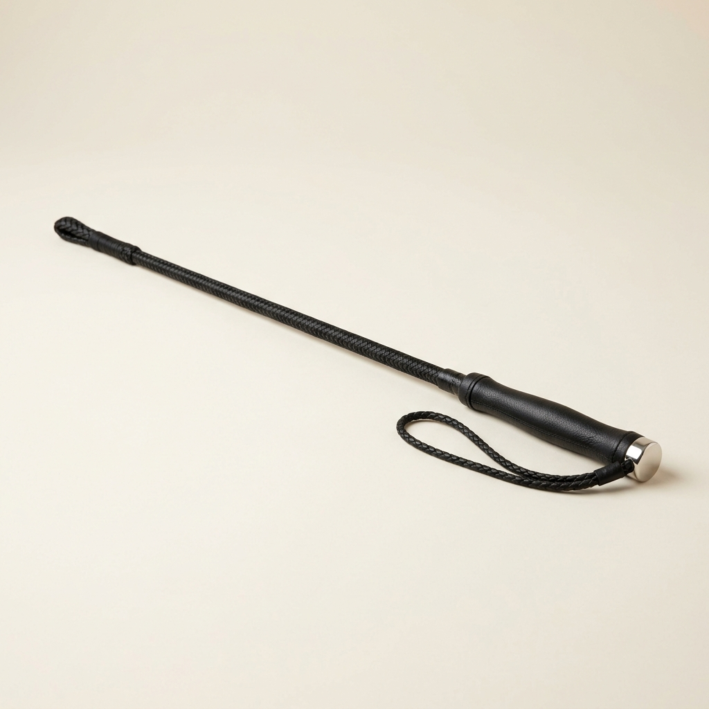 Black dressage whip with braided shaft and leather grip