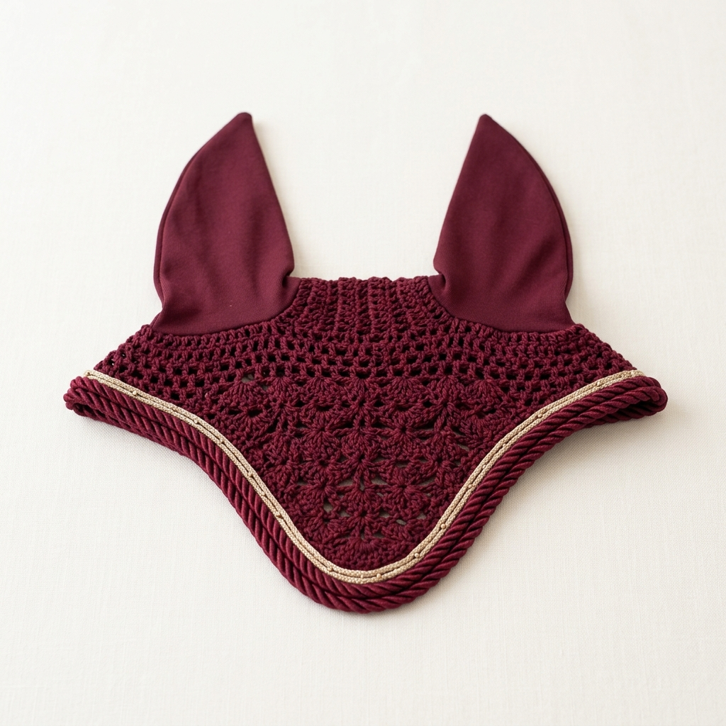 Bordeaux crochet fly veil ear bonnet for horses