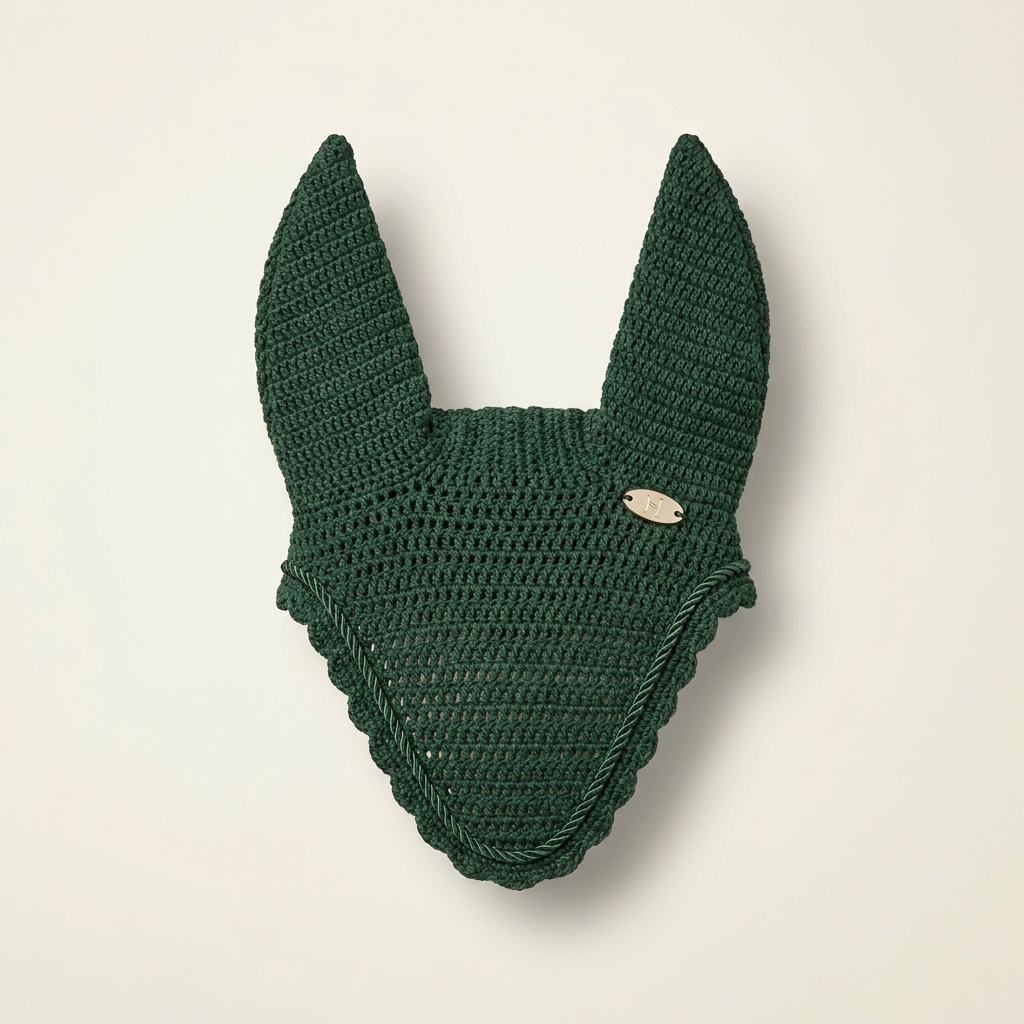 Forest green crochet fly veil ear bonnet for horses