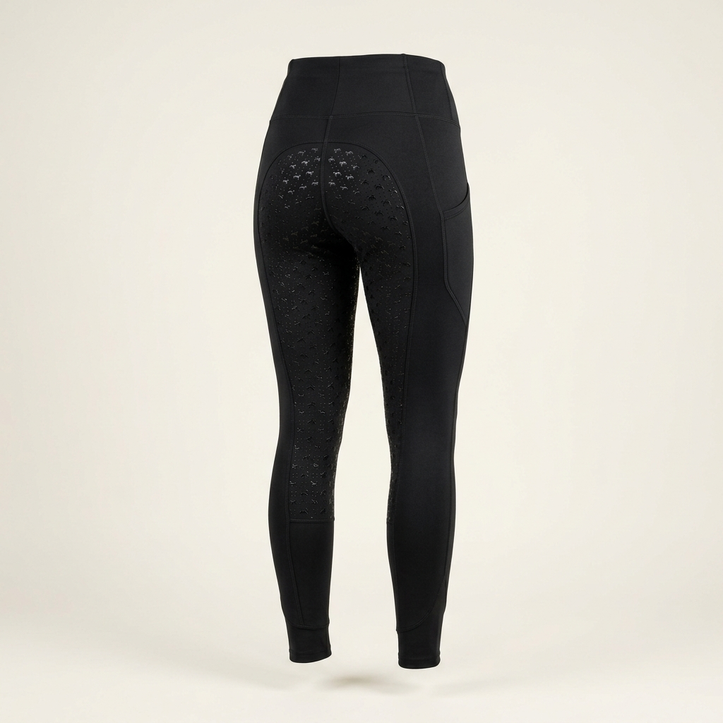 Black full grip riding leggings with silicone seat