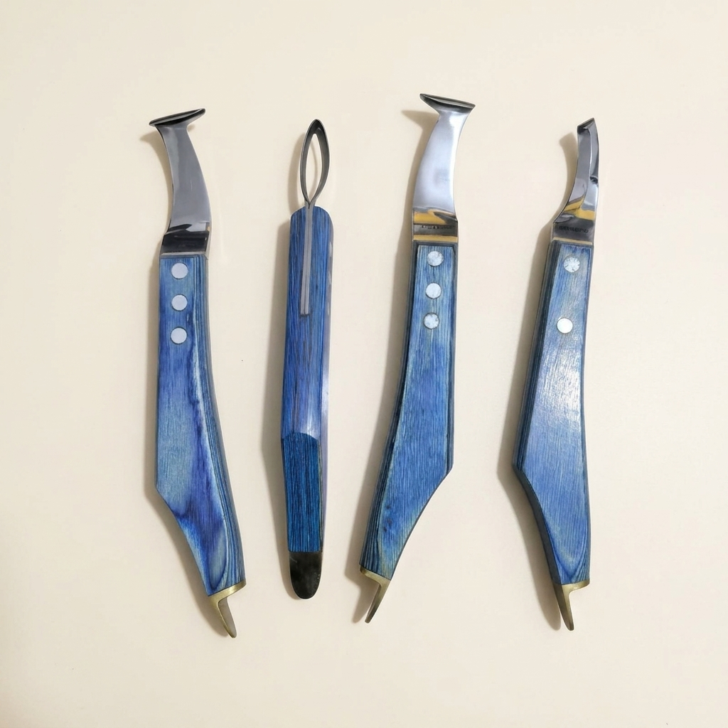 Hoof knife set 4-piece stainless steel studio product shot