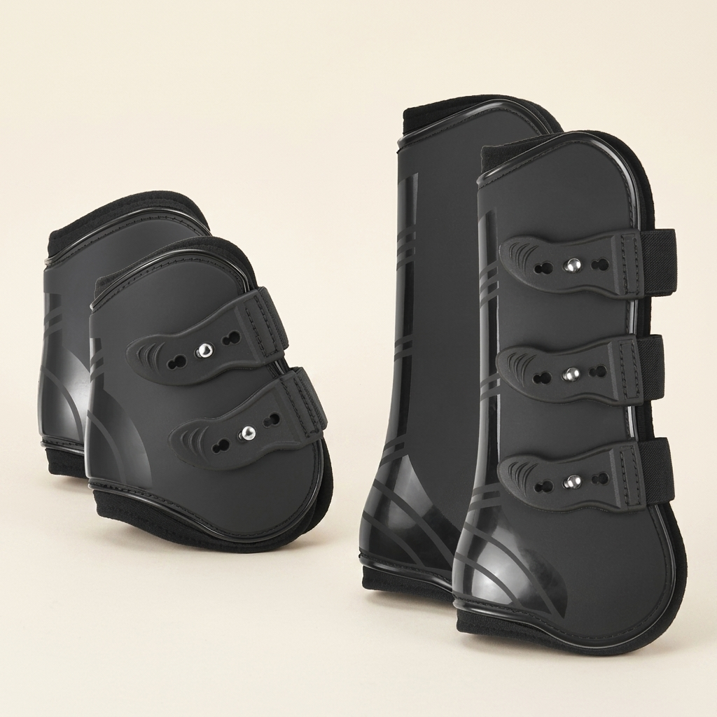 Horse support boots black set of 4 studio product shot
