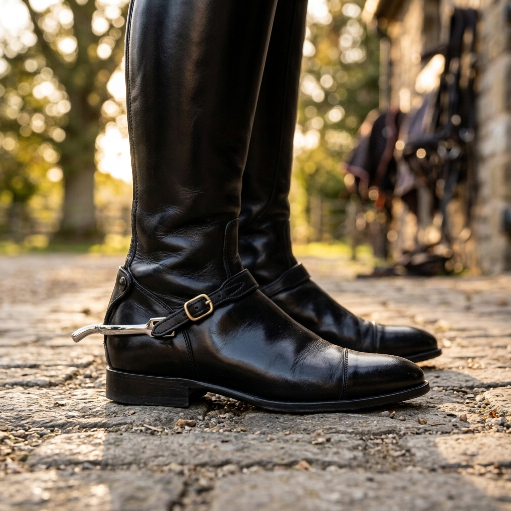 English riding spurs worn on rider boots