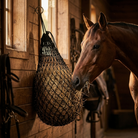 Slow feed hay net in use in a stable with horse