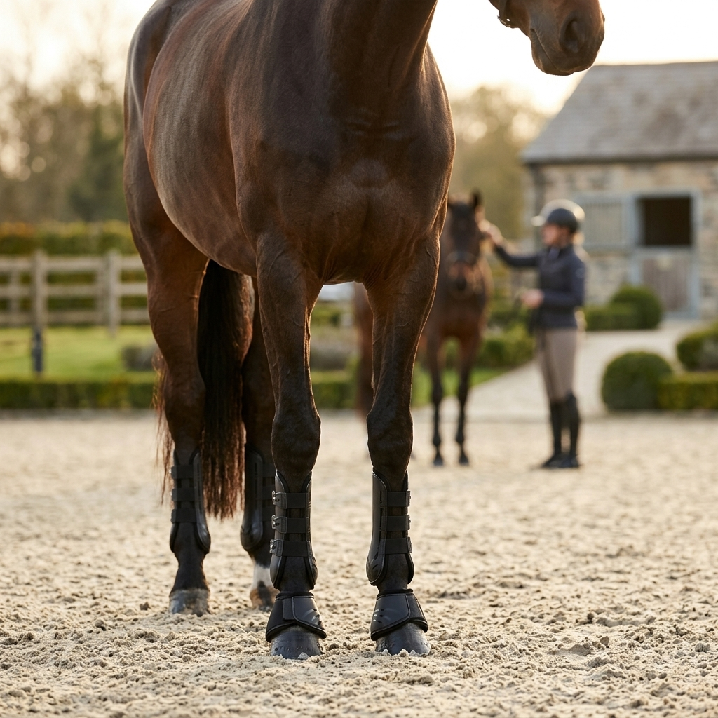Horse wearing support boots in riding arena