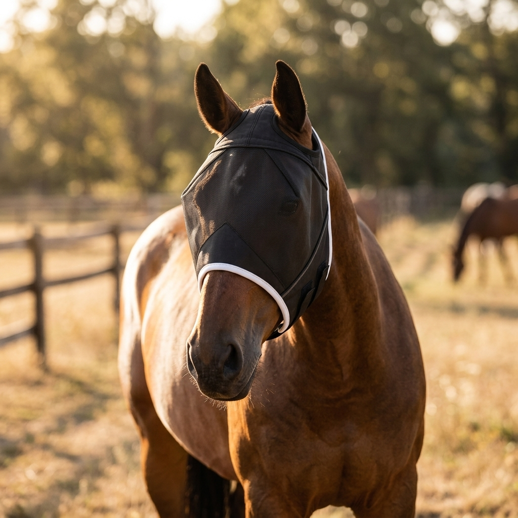 Horse wearing fly mask without ears in summer paddock