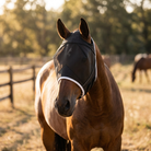 Horse wearing fly mask without ears in summer paddock