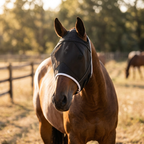 Horse wearing fly mask without ears in summer paddock