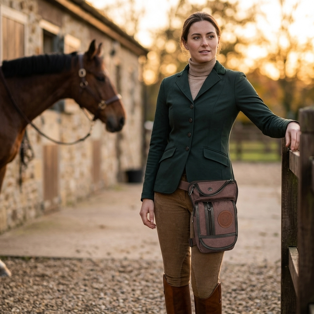 Equestrian leg bag worn by rider at stable yard