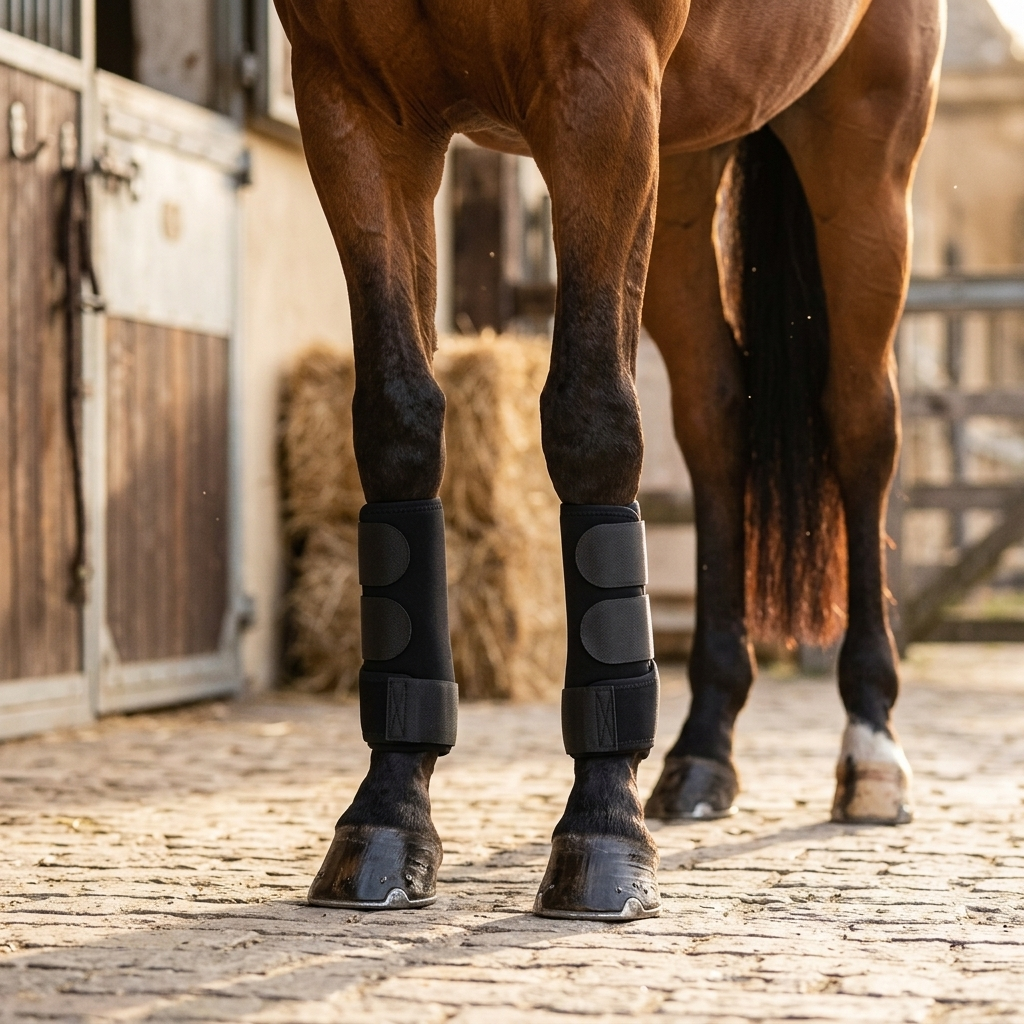 Horse wearing neoprene leg wraps at stable yard