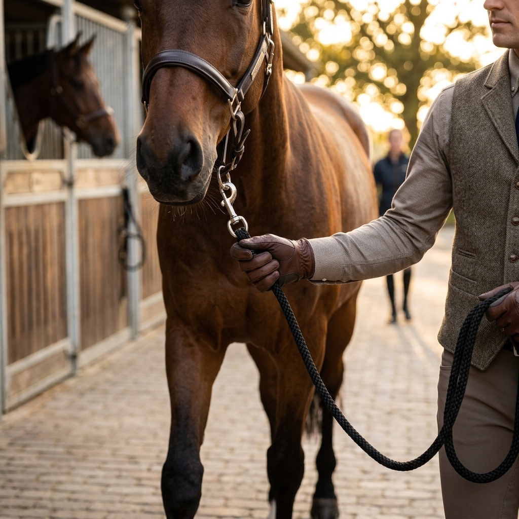 Heavy duty lead line in use leading a horse