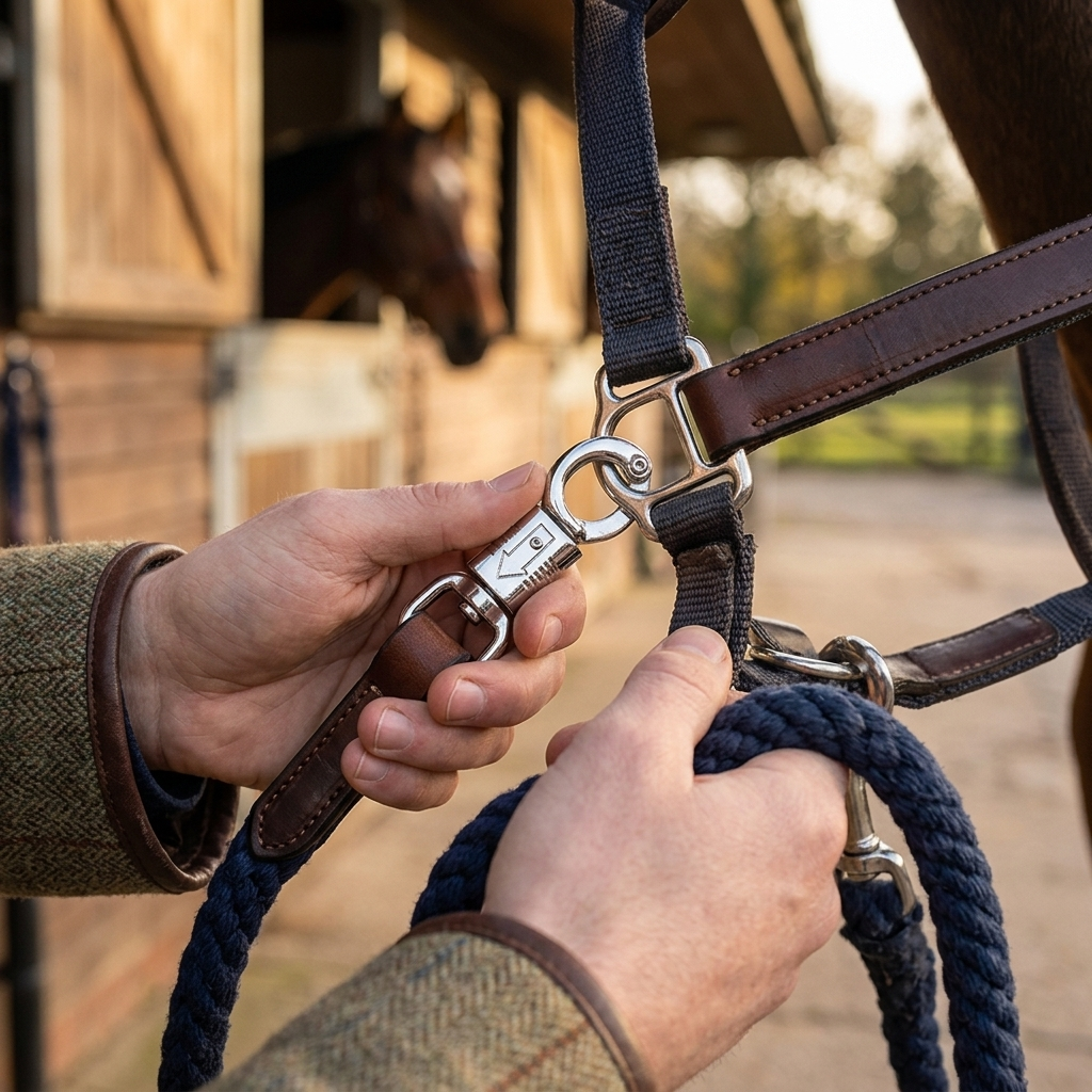 Quick release panic snap in use on horse halter