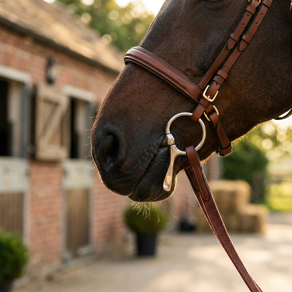 Full cheek snaffle bit fitted on horse bridle