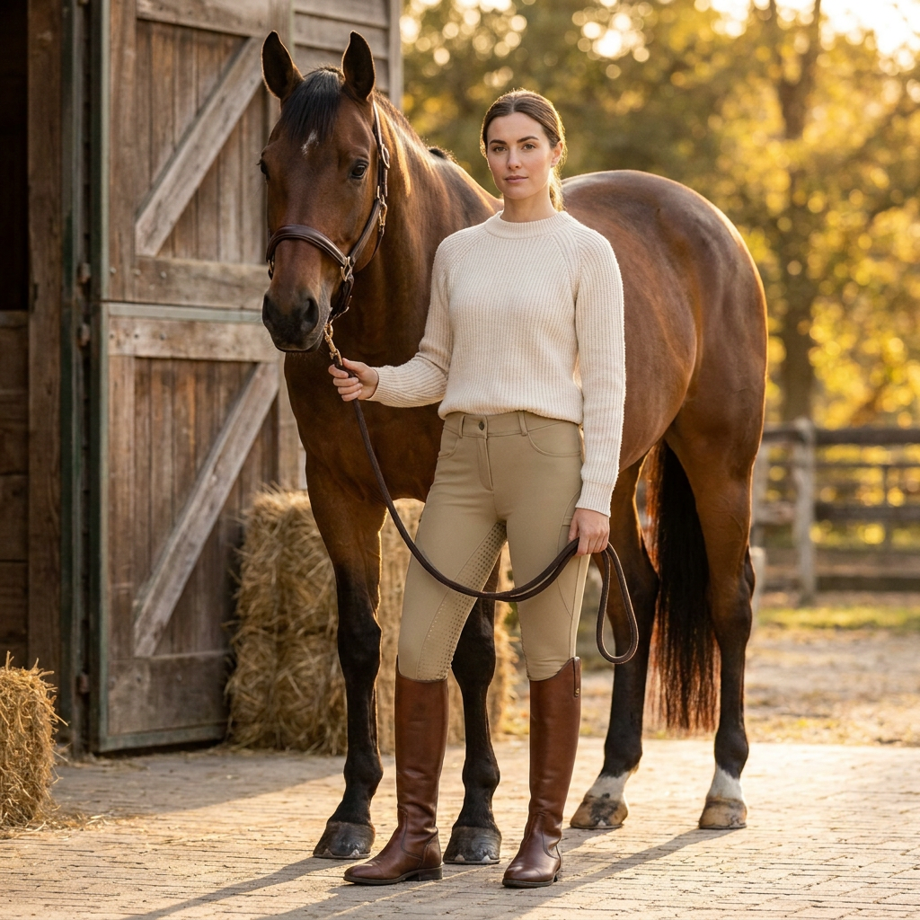 Women's riding leggings worn by rider at stable yard