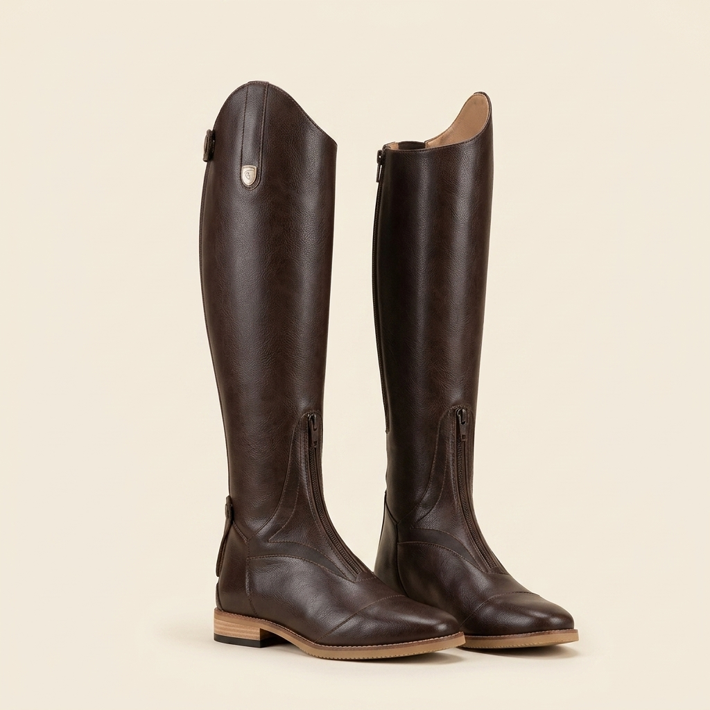 Tall PU leather riding boots studio product shot