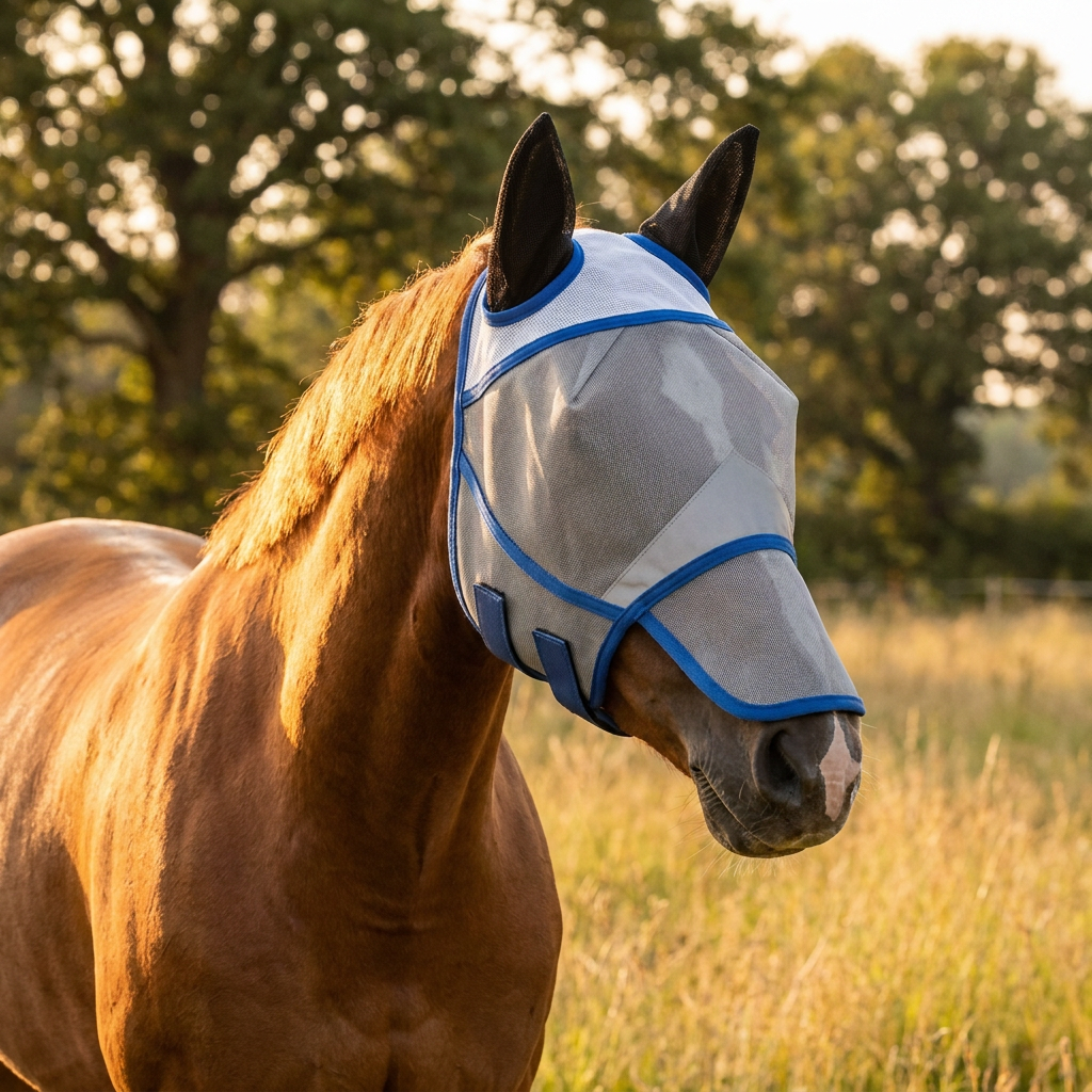 Horse wearing a mesh fly mask in a paddock