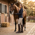 Rider wearing tall riding boots beside a horse