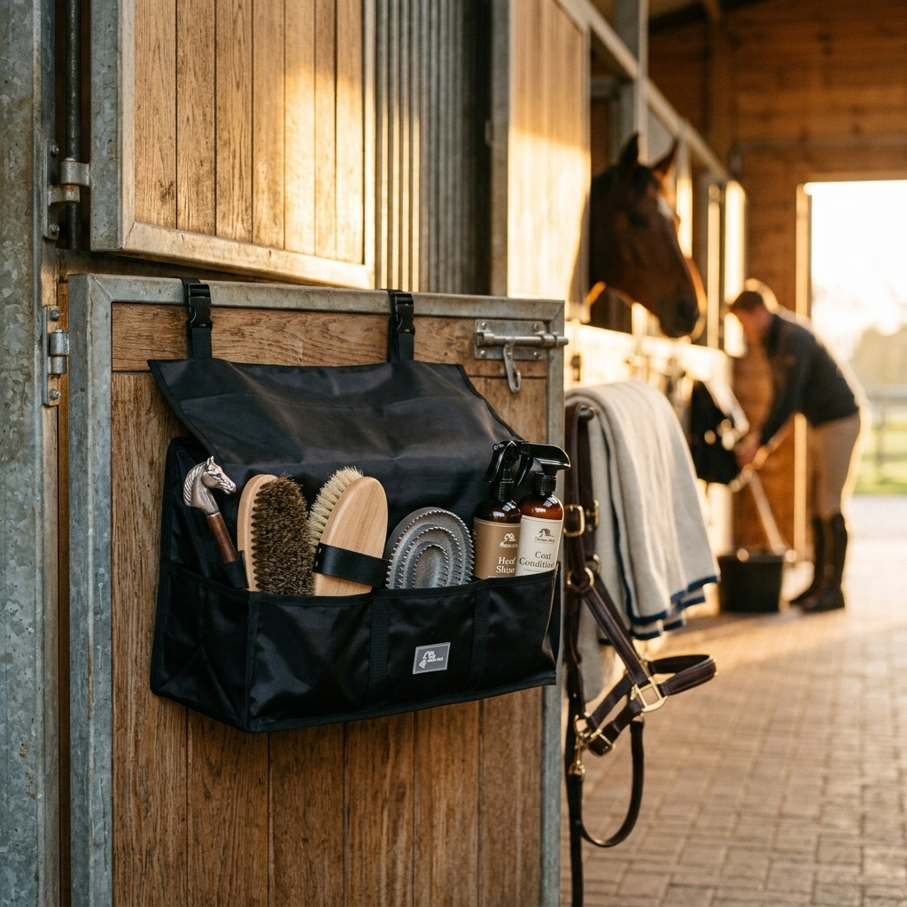 Stable door storage organiser filled with grooming supplies