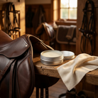 Leather conditioner tub on a tack room shelf