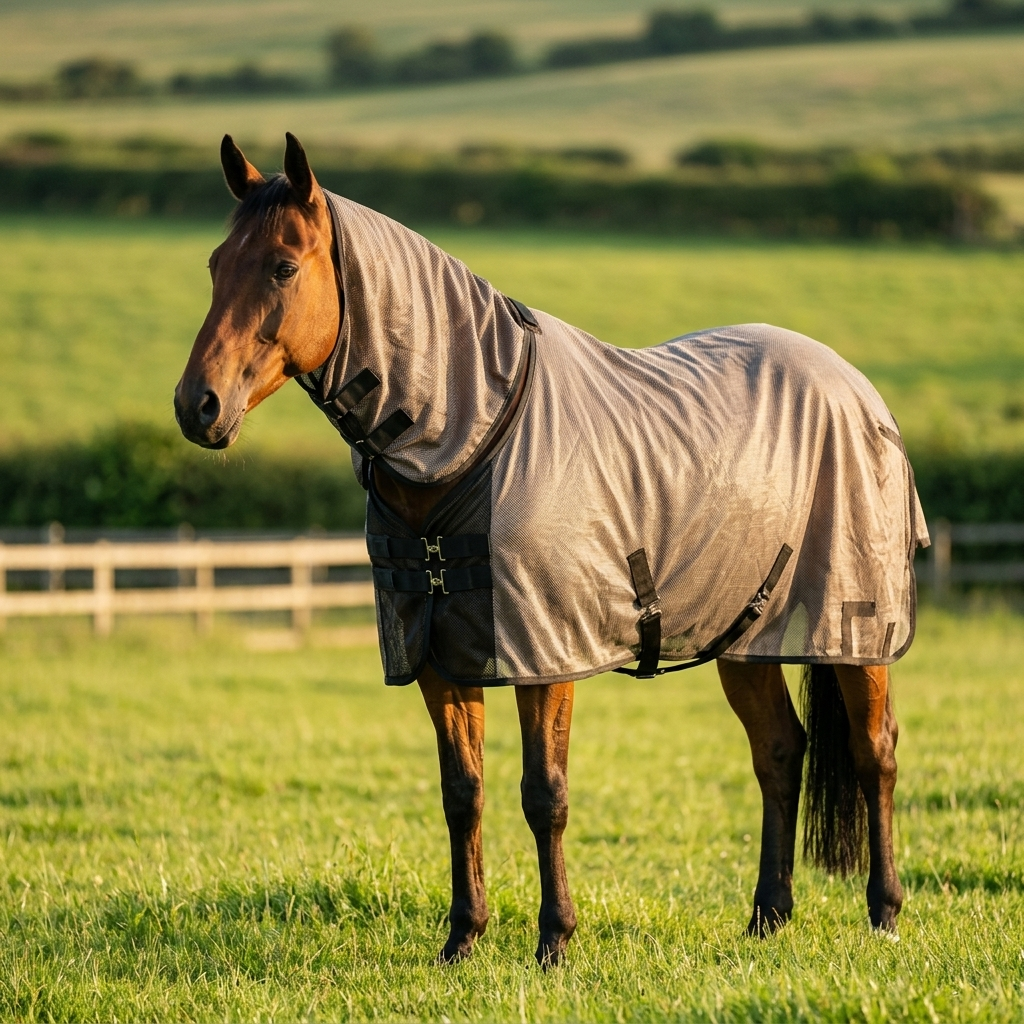 Horse wearing a mesh fly sheet turnout rug in a field