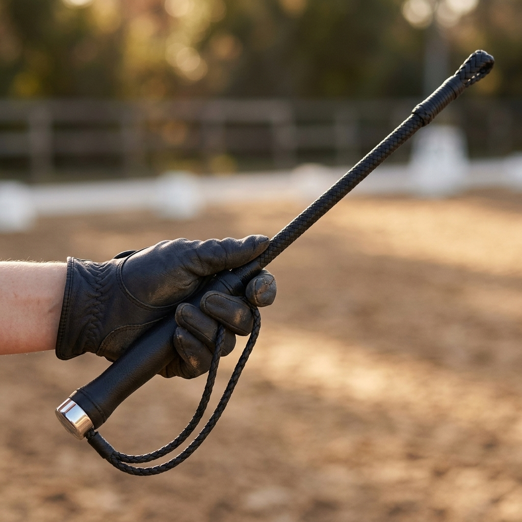 Rider holding a black dressage schooling whip close-up
