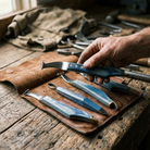 Farrier hoof knife set on a leather tool roll close-up