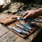 Farrier hoof knife set on a leather tool roll close-up