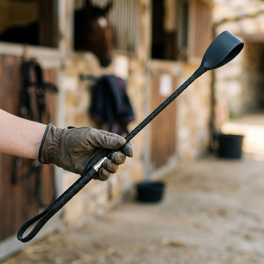 Rider holding a black riding crop close-up