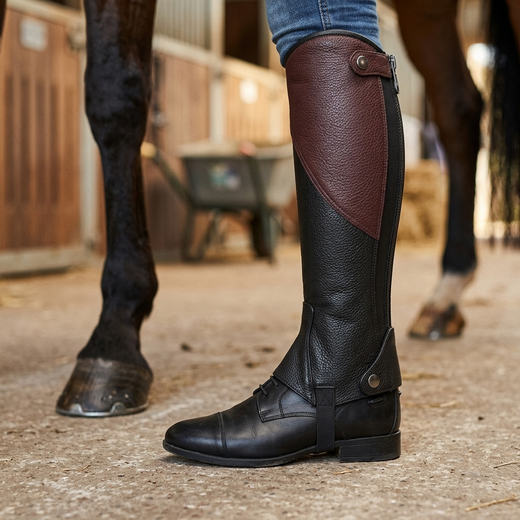 Rider wearing a leather half chap over a boot close-up
