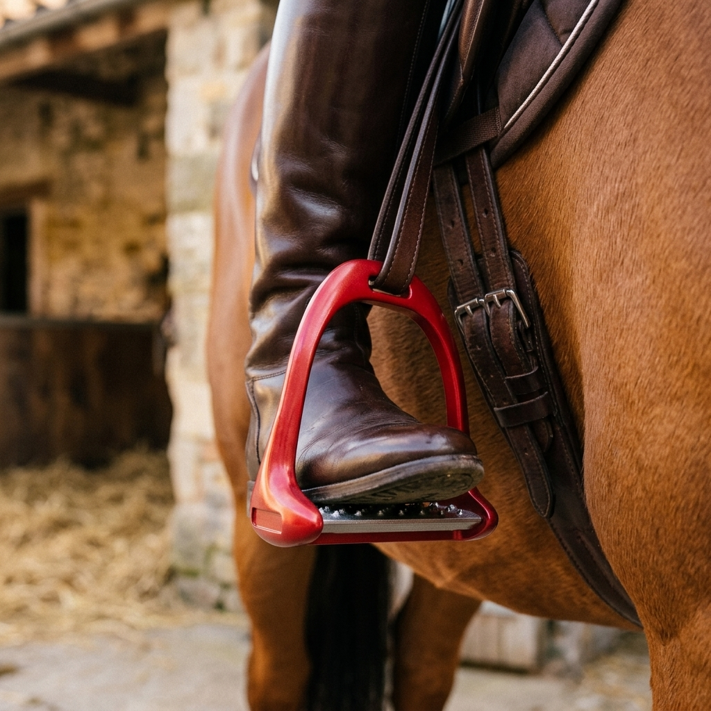 Aluminium safety stirrup on a saddle close-up