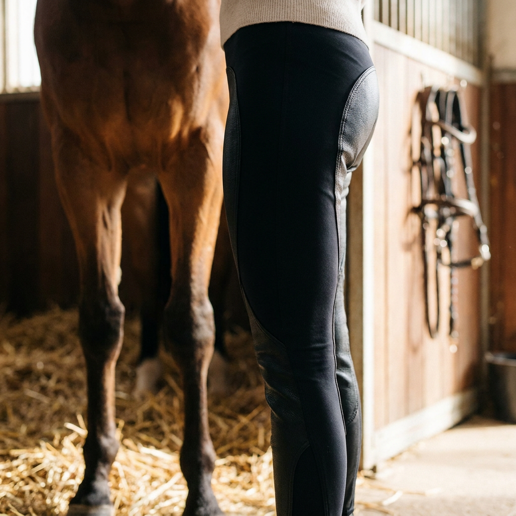 Rider wearing stretch leather riding leggings close-up
