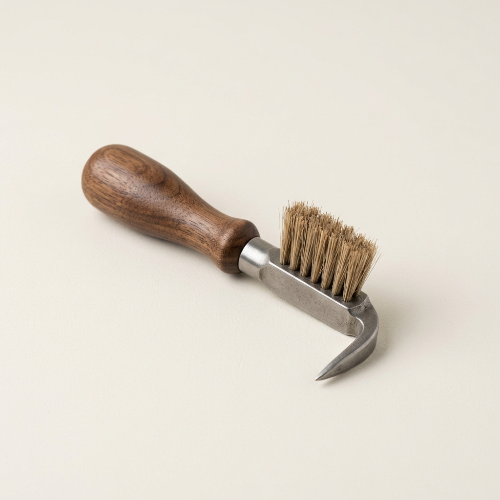 Horse hoof pick with brush and wooden handle