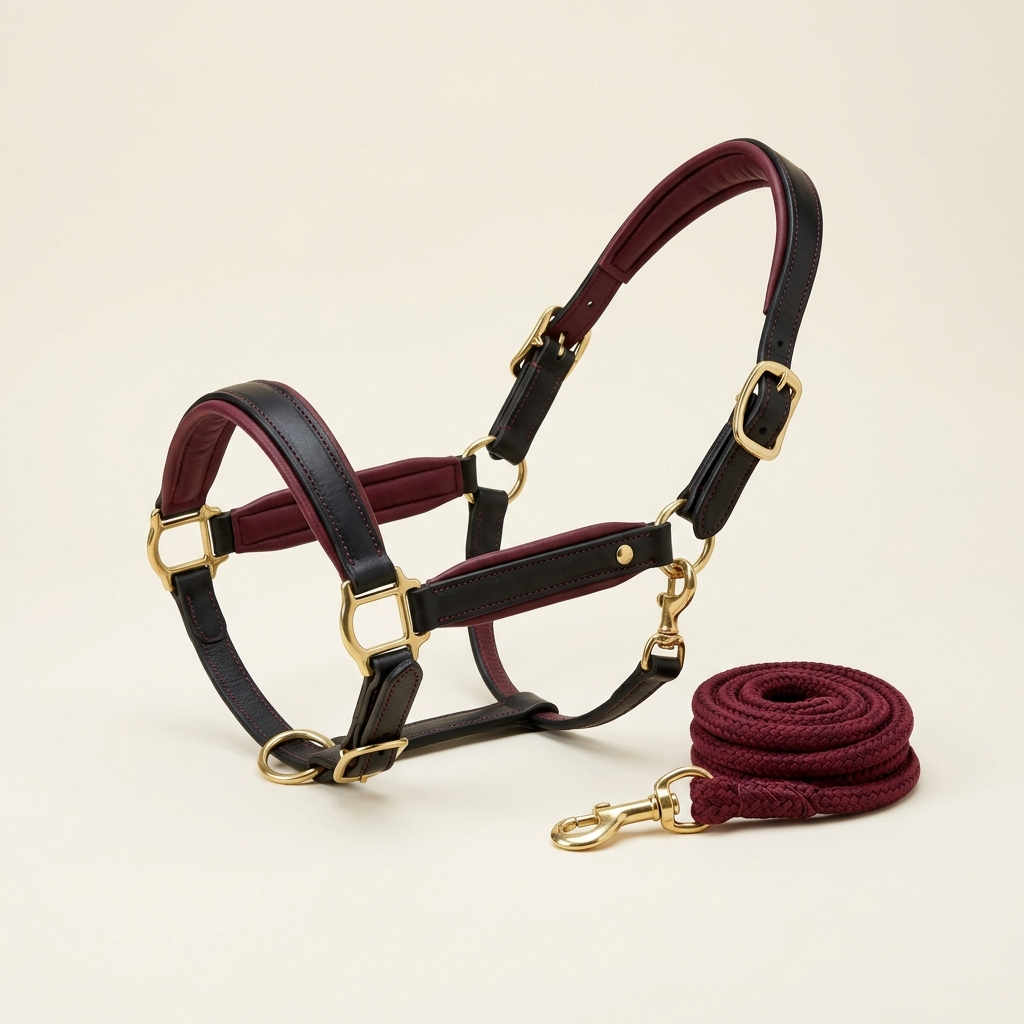 Black leather horse halter with bordeaux padding and brass hardware with matching lead rope