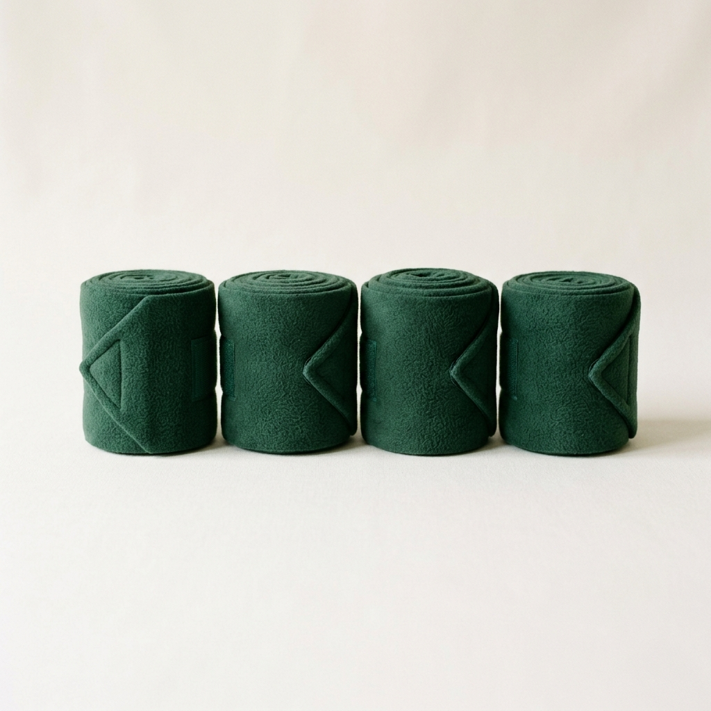 Set of four forest green fleece polo bandages rolled