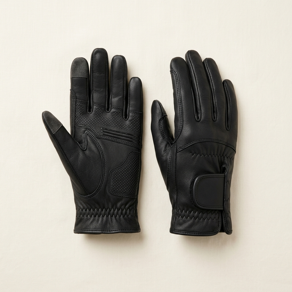 Black riding gloves with silicone grip and touchscreen fingertips