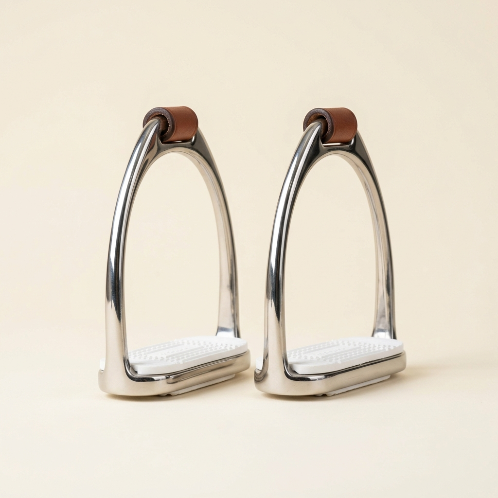 Pair of polished stainless steel stirrup irons with white treads