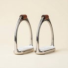 Pair of polished stainless steel stirrup irons with white treads